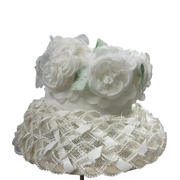 Vintage 60s White Floral Bucket Hat Lace Chiffon Union Label